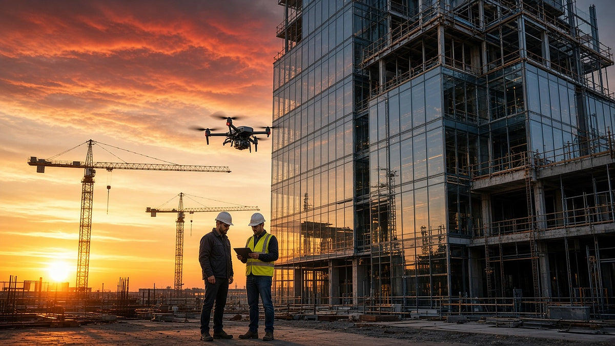 Drone inspecting a building under construction