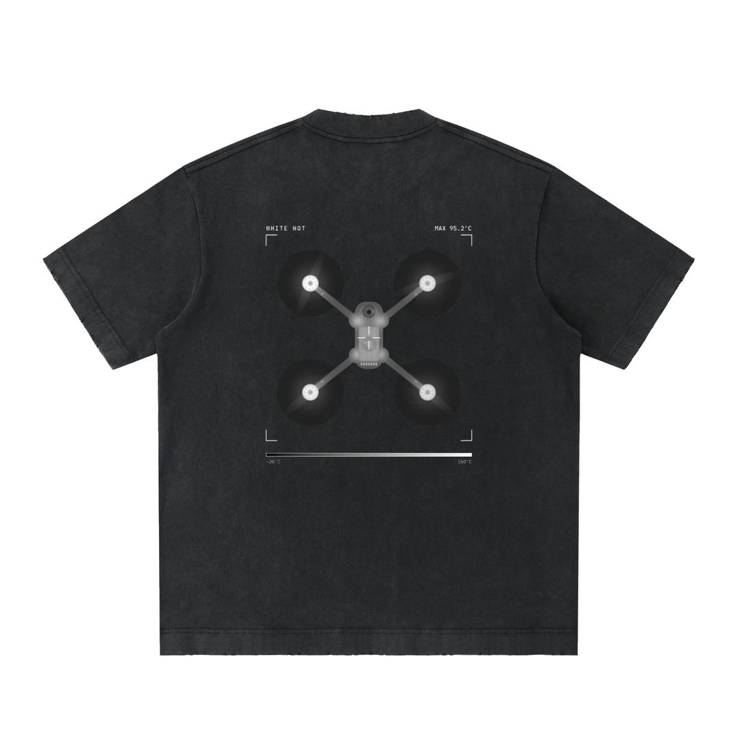 Thermal tee in washed black, back: White Hot thermal image of a Maverick quad with camera HUD