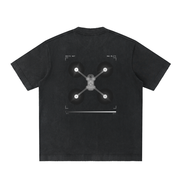 Thermal tee in washed black, back: White Hot thermal image of a Maverick quad with camera HUD