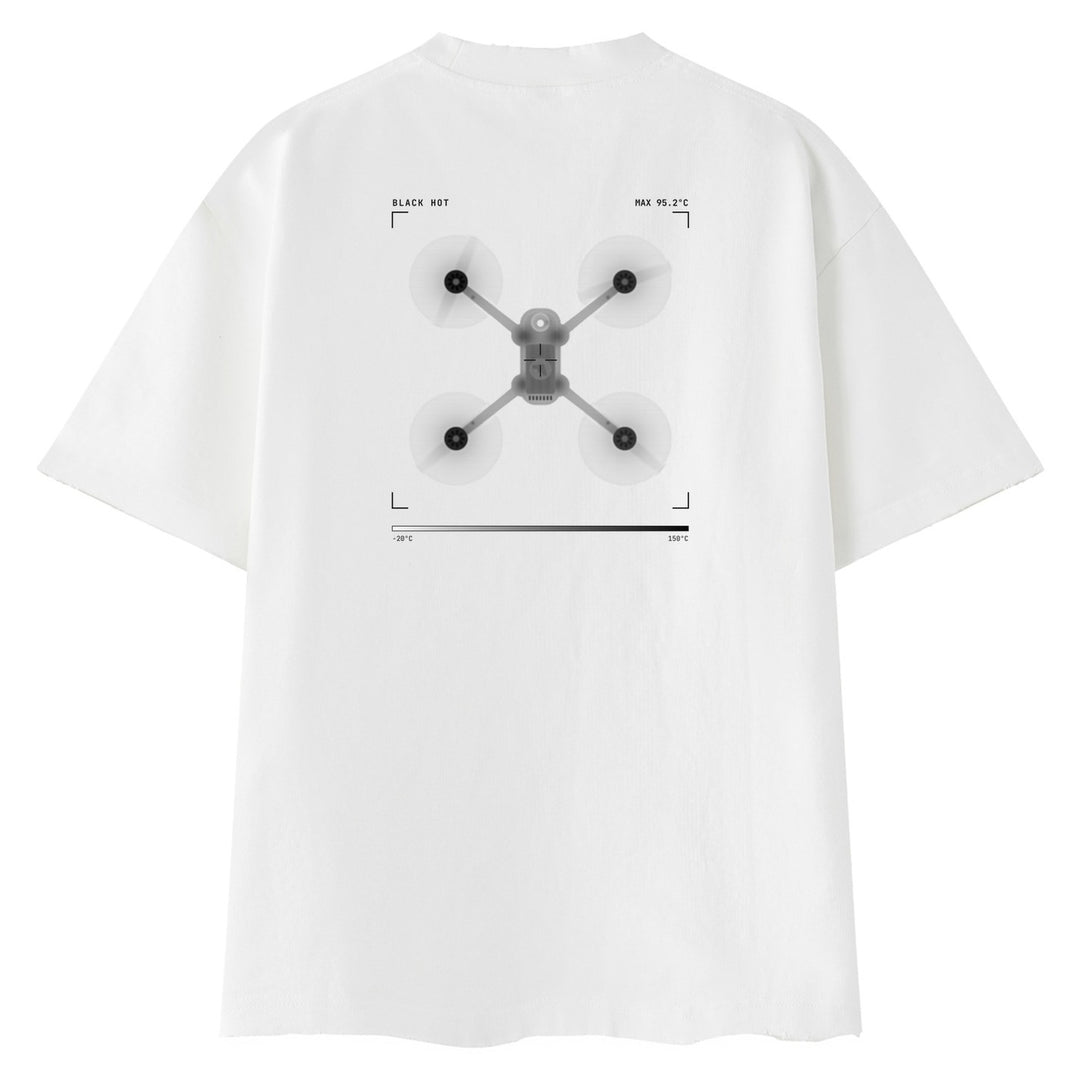 Thermal tee in white, back: Black Hot thermal image of a Maverick quad with camera HUD