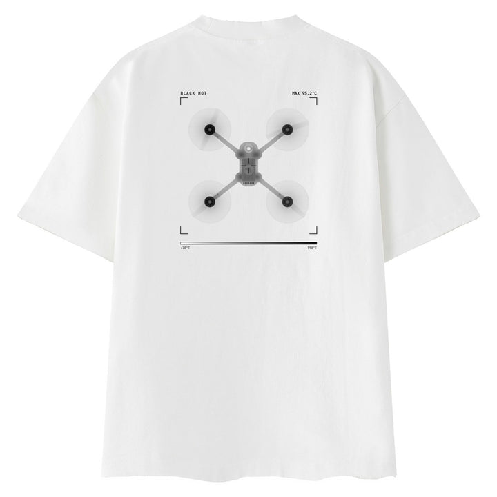 Thermal tee in white, back: Black Hot thermal image of a Maverick quad with camera HUD