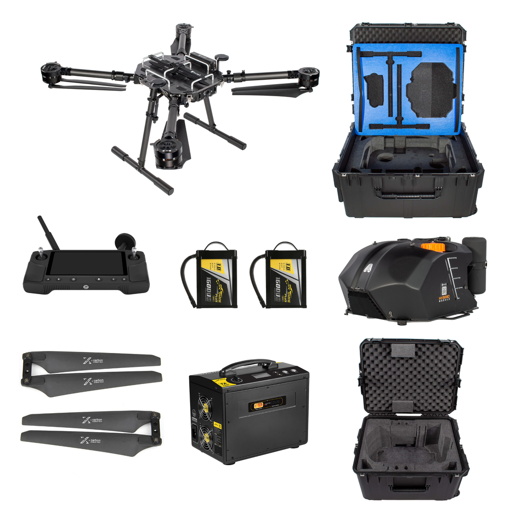 Arcsky X55 Hybrid Module Bundle contents: aircraft, Hybrid Module, controller, batteries, charger, propellers and travel cases