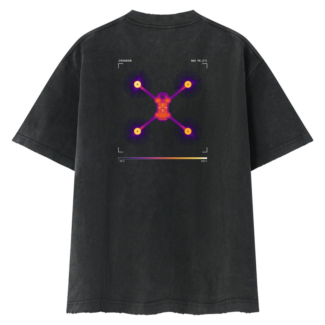 Thermal tee in Ironbow, back: full color Ironbow thermal image of a Maverick quad with camera HUD