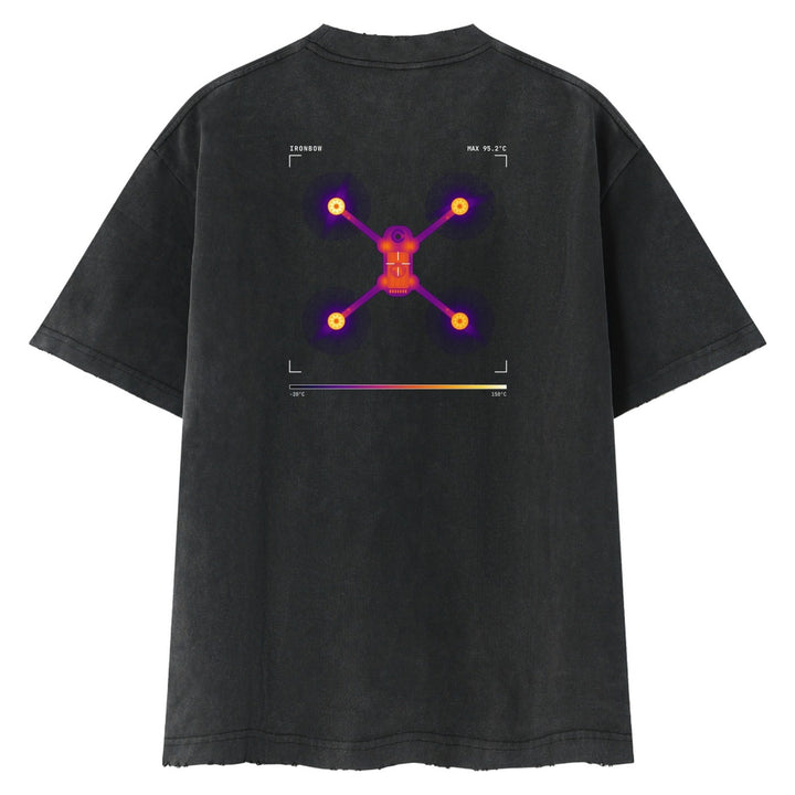 Thermal tee in Ironbow, back: full color Ironbow thermal image of a Maverick quad with camera HUD