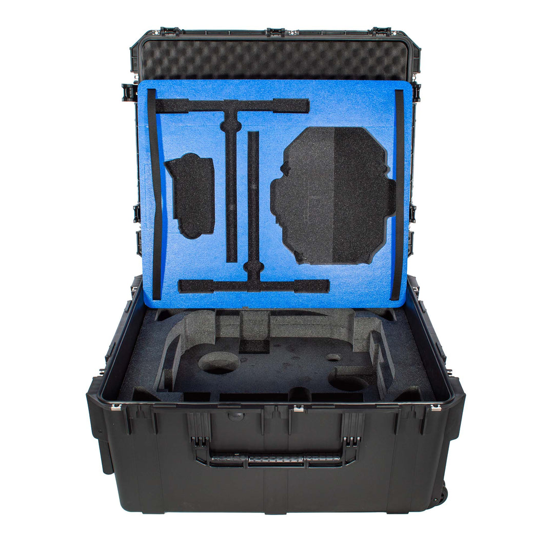 Arcsky X55 travel case open, showing custom foam inserts