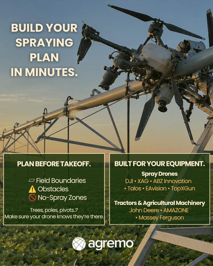 Agremo spraying plan graphic: field boundaries, obstacles and no-spray zones