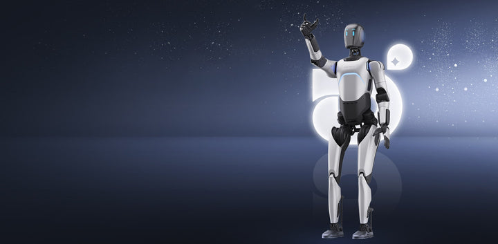 AGIBOT A2 Ultra humanoid robot raising one hand against a starry blue backdrop