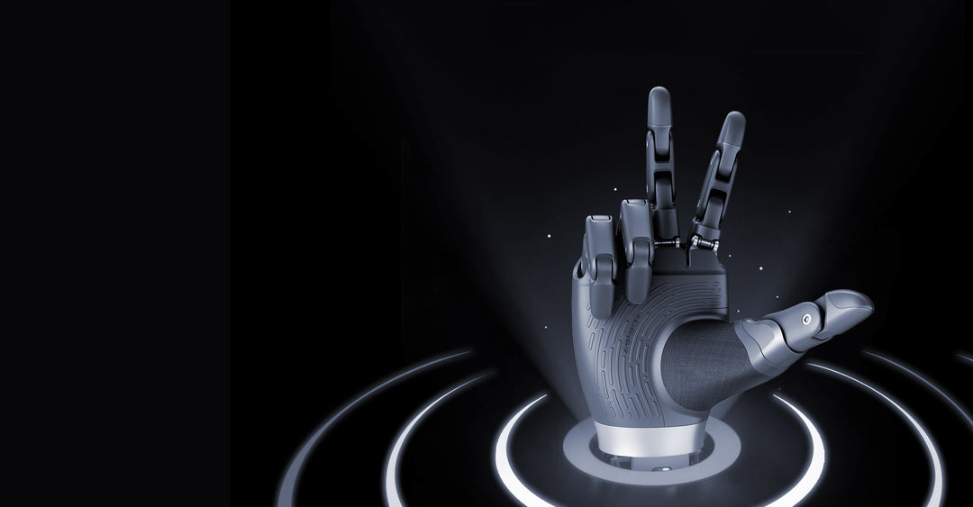 AGIBOT OmniHand Pro 2025 dexterous robotic hand on a lit pedestal