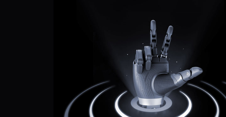 AGIBOT OmniHand Pro 2025 dexterous robotic hand on a lit pedestal