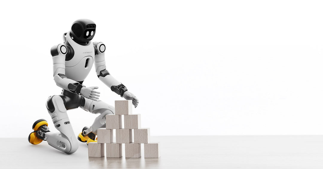 AGIBOT X2 humanoid robot kneeling to stack wooden blocks