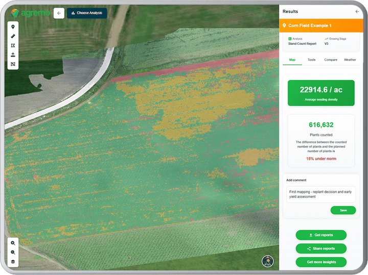 Agremo web app showing a map with plant count results
