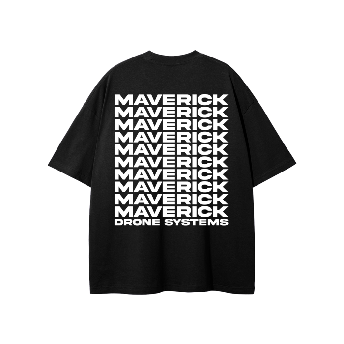 Maverick Vision T-shirt in black, back, with stacked Maverick Drone Systems print