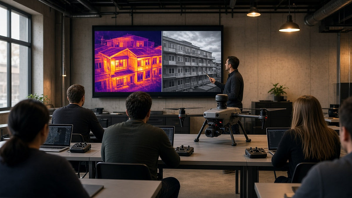 Illustration: classroom drone training with a thermal and visual camera feed on screen