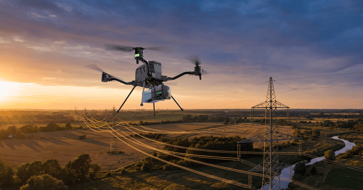 GeoCue TrueView LiDAR drone surveying power lines at sunset
