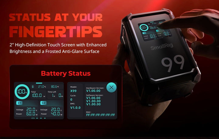 SmallRig X99 2-inch touchscreen showing battery status