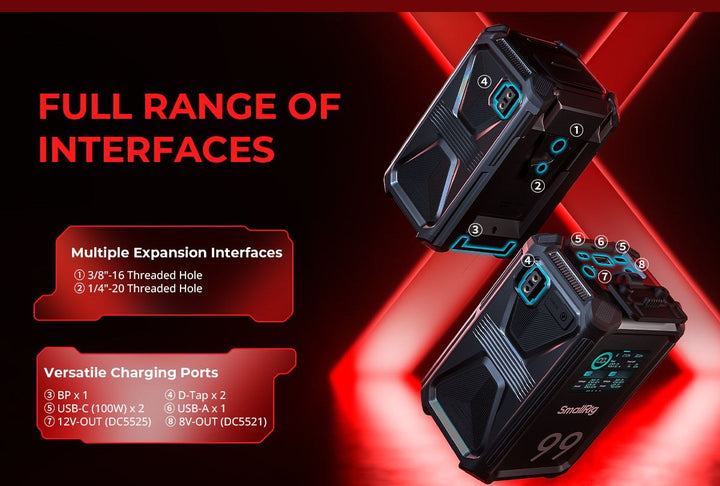 SmallRig X99 ports: BP, 2x D-Tap, 2x USB-C 100W, USB-A, 12V and 8V DC out, 3/8 and 1/4 threads