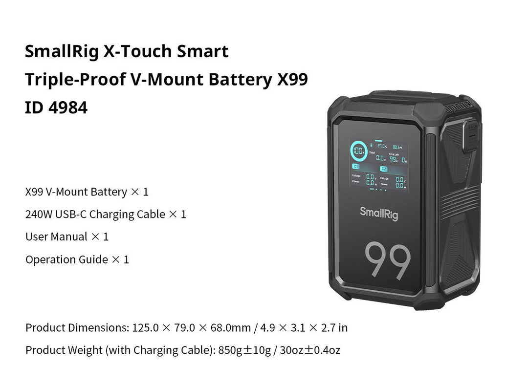 SmallRig X99 in the box: battery, 240W USB-C cable, user manual, operation guide